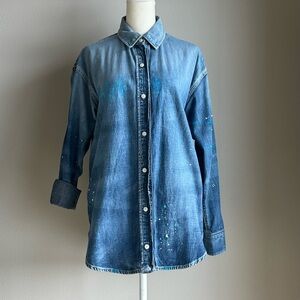 Lauren Ralph Lauren Paint-Spatter Blue Denim Button-Up Shirt Size Medium